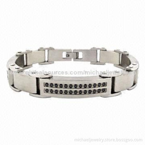 Stainless Steel Bracelets with 26pcs of Black CZ Stones and Process of Both Polished and Brushed